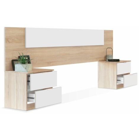 DUEHOME Cabecero con mesitas Luca Blanco Artik (Blanco Mate) - Roble Canadian 247cm (ancho) x 95cm (alto)