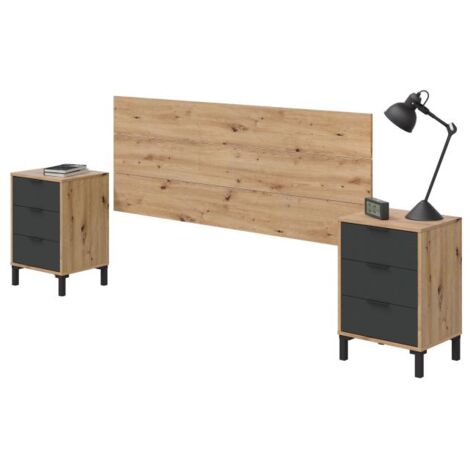 Cabecero con mesitas Luke Gris Antracita - Roble Nodi (ancho) x 60cm (alto)