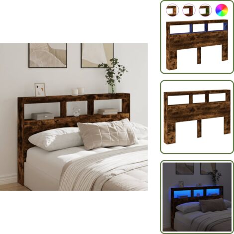 Cabecero de cama con almacenamiento - vidaXL Cabecero de cama con luz LED roble ahumado 160x17x102 cm - Cabecero de cama con soporte