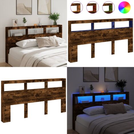 Cabecero de cama con luz LED roble ahumado 200x17x102 cm - Madera de ingeniería - Luces LED RGB