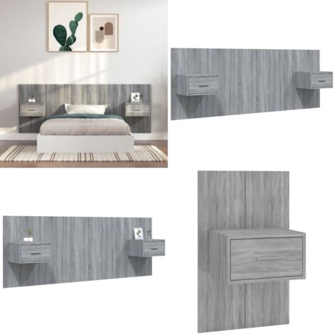 Cabecero de cama con mesitas madera contrachapada gris Sonoma - Mesitas de noche - Madera contrachapada