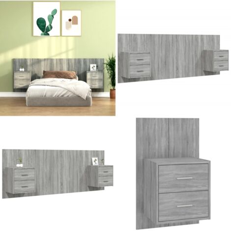 Cabecero de cama con mesitas madera contrachapada gris Sonoma - Mesitas de noche - Madera contrachapada