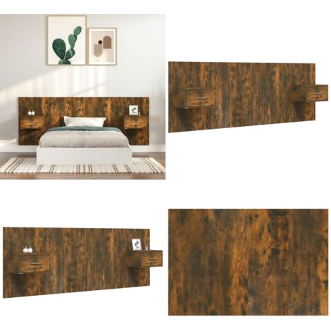 Cabecero de cama con mesitas madera contrachapada roble ahumado - Mesitas de noche - Madera contrachapada