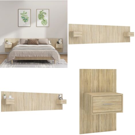 Cabecero de cama con mesitas madera contrachapada roble Sonoma - Mesitas de noche - Madera contrachapada