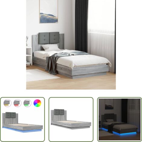 Cabecero de cama -  Estructura de cama cabecero luces LED gris Sonoma 90x200 cm
