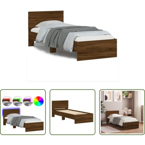 Cabecero de cama -  Estructura de cama cabecero luces LED marrón roble 90x190 cm
