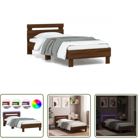 Cabecero de cama -  Estructura de cama cabecero luces LED marrón roble 90x190 cm