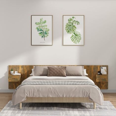 Cabecero de cama para dormitorio estilo moderno y mesitas madera contrachapada roble ahumado ES94466A