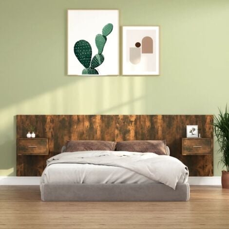 Cabecero de cama para dormitorio estilo moderno y mesitas madera contrachapada roble ahumado ES99858A