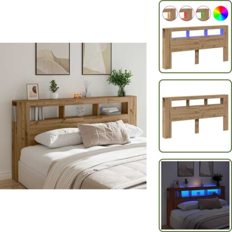 Cabecero de cama roble artesanal - vidaXL Cabecero LED madera ingeniería roble artisan 200x18,5x103,5 cm - Soporte para espalda