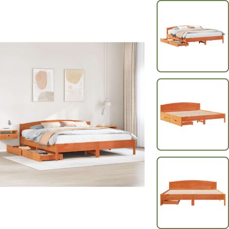 Cabecero de cama - vidaXL Cama sin colchón madera maciza de pino marrón cera 200x200 cm - Cajón bajo cama