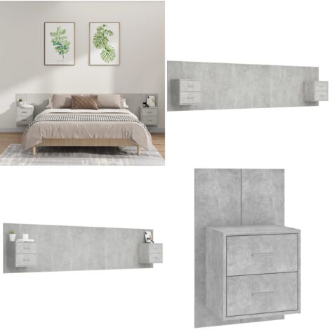 Cabecero de cama y mesitas madera contrachapada gris hormigón - Mesitas de noche - Madera contrachapada
