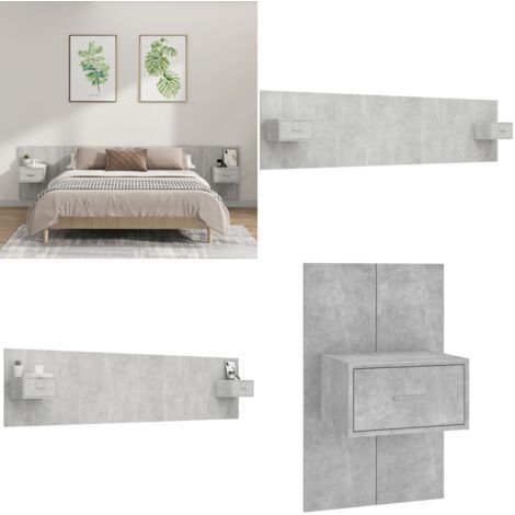 Cabecero de cama y mesitas madera contrachapada gris hormigón - Mesitas de noche - Madera contrachapada