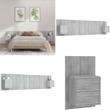 Cabecero de cama y mesitas madera contrachapada gris Sonoma - Mesitas de noche - Madera contrachapada