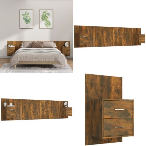 Cabecero de cama y mesitas madera contrachapada roble ahumado - Mesitas de noche - Madera contrachapada