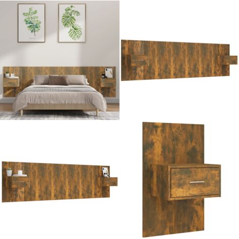 Cabecero de cama y mesitas madera contrachapada roble ahumado - Mesitas de noche - Madera contrachapada