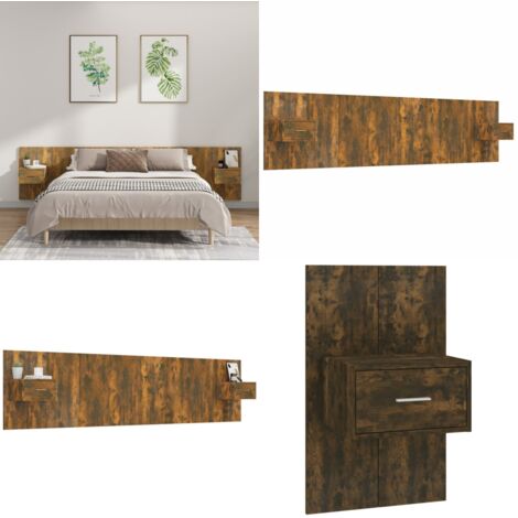 Cabecero de cama y mesitas madera contrachapada roble ahumado - Mesitas de noche - Madera contrachapada