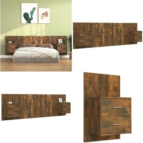 Cabecero de cama y mesitas madera contrachapada roble ahumado - Mesitas de noche - Madera contrachapada