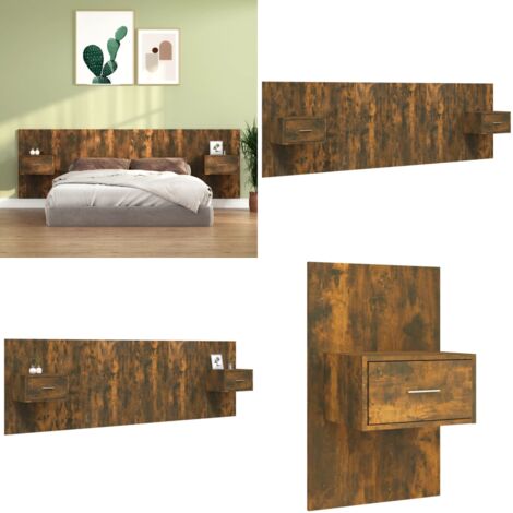 Cabecero de cama y mesitas madera contrachapada roble ahumado - Mesitas de noche - Madera contrachapada