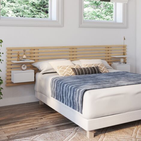 Cabecero de láminas AVA con mesillas colgantes + cajón de 240 CM de madera clara y blanca