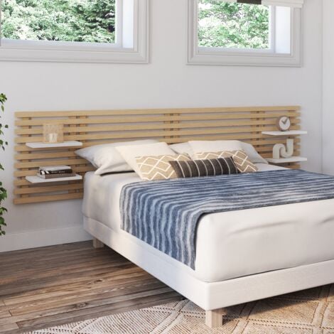 Cabecero de listones de madera clara AVA 240 CM con estantes blancos