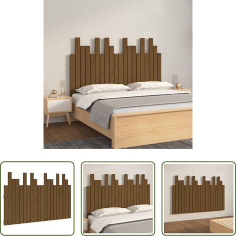 Cabecero de pared -  Cabecero cama pared madera maciza pino marrón miel 127,5x3x80cm