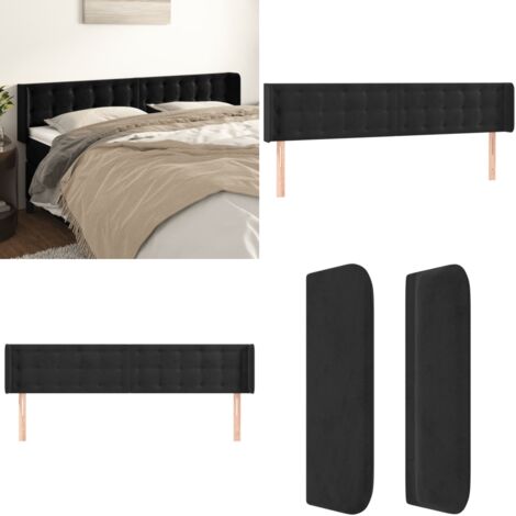 Cabecero de terciopelo negro 203x16x78/88 cm - Cabecero de cama negro - Cabecero de cama con orejas