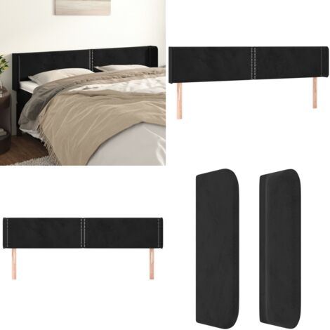 Cabecero de terciopelo negro 203x16x78/88 cm - Cabecero de cama negro - Cabecero de cama con orejas