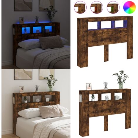 Cabecero LED madera ingeniería roble ahumado 140x18,5x103,5 cm - Luces LED RGB - Madera de ingeniería