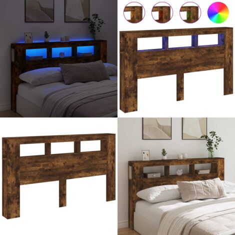 Cabecero LED madera ingeniería roble ahumado 180x18,5x103,5 cm - Luces LED RGB - Madera de ingeniería