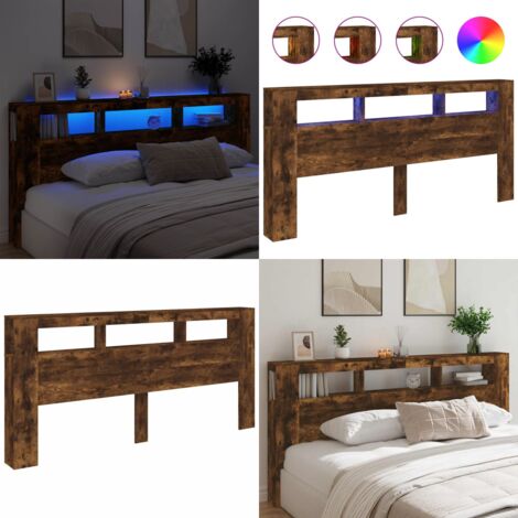 Cabecero LED madera ingeniería roble ahumado 220x18,5x103,5 cm - Madera de ingeniería - Luz LED RGB