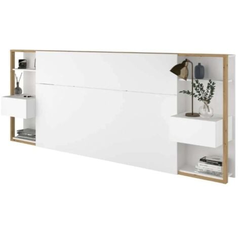 Cabecero Line con Cajones para Dormitorio Principal Moderno  en Color Blanco y Roble 103x255x36 cm