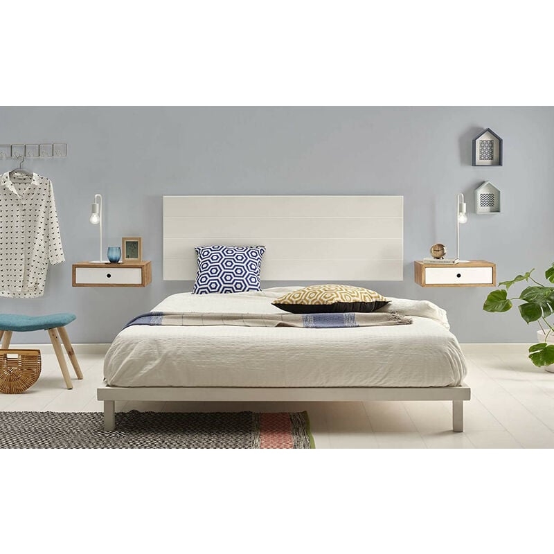 

Hogar24 - Cabecero madera blanca + 2 mesitas flotantes con cajon, acabado madera maciza natural / frente cajon blanco.