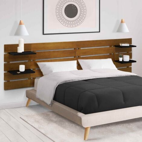 IDMARKET Cabecero NINA 240 CM con 5 lamas anchas, madera envejecida y estantes negros