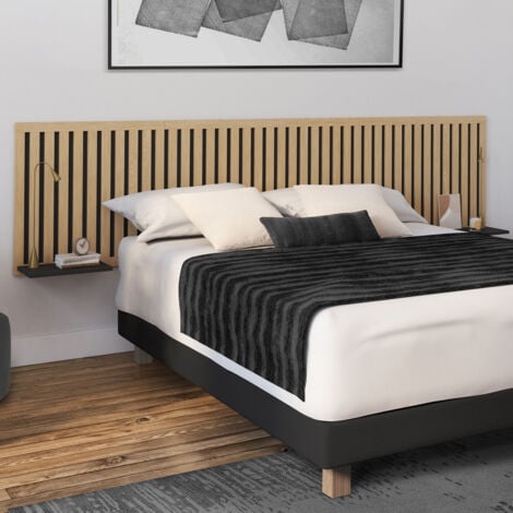 IDMARKET Cabecero suspendido ARIA 240 cm con lamas verticales y estantes de madera y negro