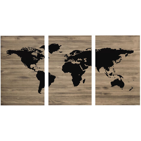 Cabecero tríptico de madera maciza estampado motivo 'Mapamundi' en tono roble oscuro de 180x80cm