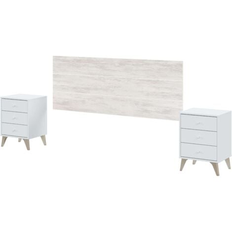 Cabezal cama Matrimonio Sweet 135/150 cm 2 mesitas de noche 3 cajones cada una en blanco velho y blanco artik 60x160x2,5 cm