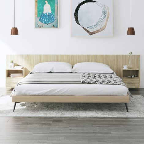 Cabezal de Cama Moderno, Cabecero de cama con mesitas madera contrachapada roble Sonoma