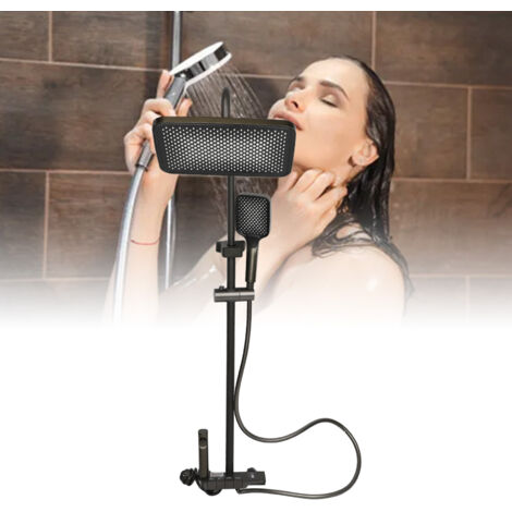 Cabezal de ducha con accesorio, efecto lluvia, montaje en pared, juego completo, termostático, negro y cobre, 4 tipos de chorro.