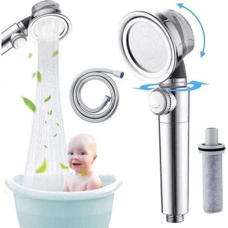 Cabezal de ducha con ducha de mano y manguera de 1,5 m, cabezal de ducha de alta presión turboalimentado, cabezal de ducha de alta presión giratorio 360°, ahorro de agua del 50%, cabezal de ducha crom