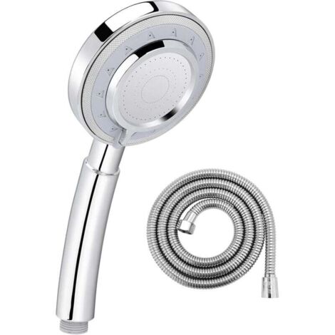 Cabezal de ducha de alta presión KZQ con manguera, 3 modos de pulverización, cabezal de ducha de baño + manguera de acero inoxidable de 1,5 m, cromado/plateado, redondo