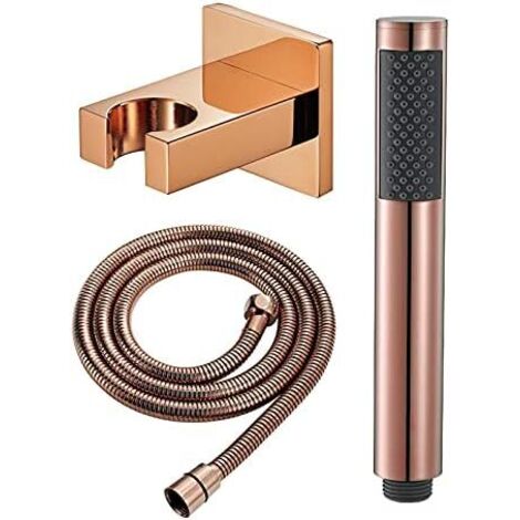 Cabezal de ducha de mano de latón macizo de alta presión con manguera de 1,5 m y base, color oro rosa.