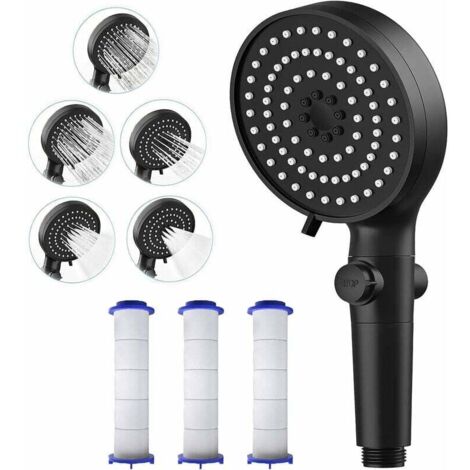 Cabezal de ducha ZVD con 3 filtros (botón de parada + 5 modos de chorro ajustables), antical, ahorro de agua a alta presión, buena presión para lavar el cabello.