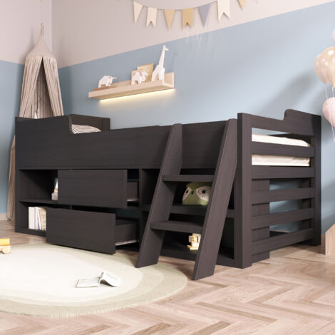 Cabin Bed Mid Sleeper Bed Frame Storage Kids Wooden bed with Drawers Shelf Storage Low Sleeper Bed 3ft Single (90 x 190 cm) Frame Only, Taupe