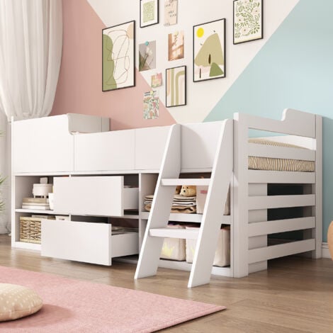 ABRIHOME Cabin Bed Mid Sleeper Bed Frame Storage Kids Wooden bed with Drawers Shelf Storage Low Sleeper Bed-3ft Single Frame(90 x 190 cm) White