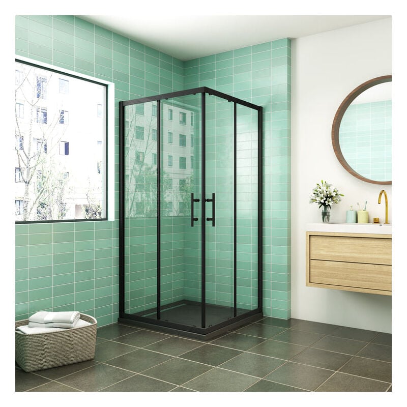 

90x80cm CABINA DE DUCHA DE ESQUINA CORREDERA ANTICAL 6MM CON PERFILERIA NEGRO MATE ALTURA DE 190 CM,ENTRADA ESQUINA