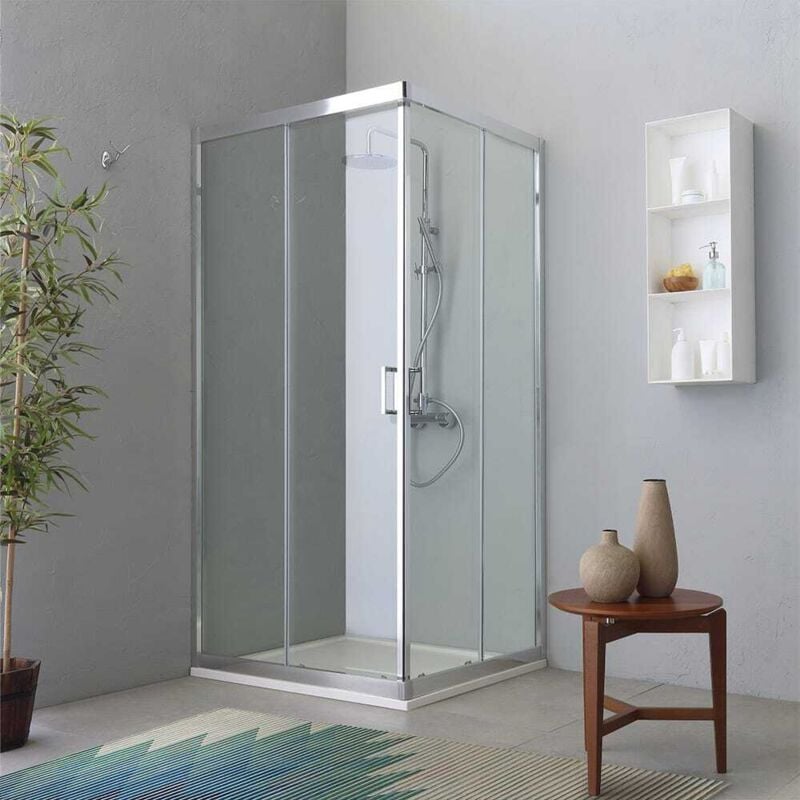 Kiamami Valentina - Paroi Angulaire Pour Douche Deux Portes Coulissantes Transparente 80X100 Profil Flat Fly