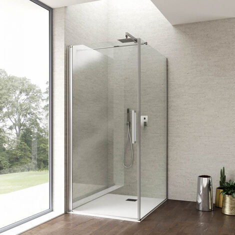 Cabine de douche 100x100 avec côté fixe et porte battante en verre transparent 8 mm