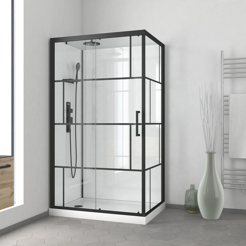 Cabine de douche 110x80cm / Receveur Bas - Verre transparent sérigraphié et Blanc - Profilés Noir