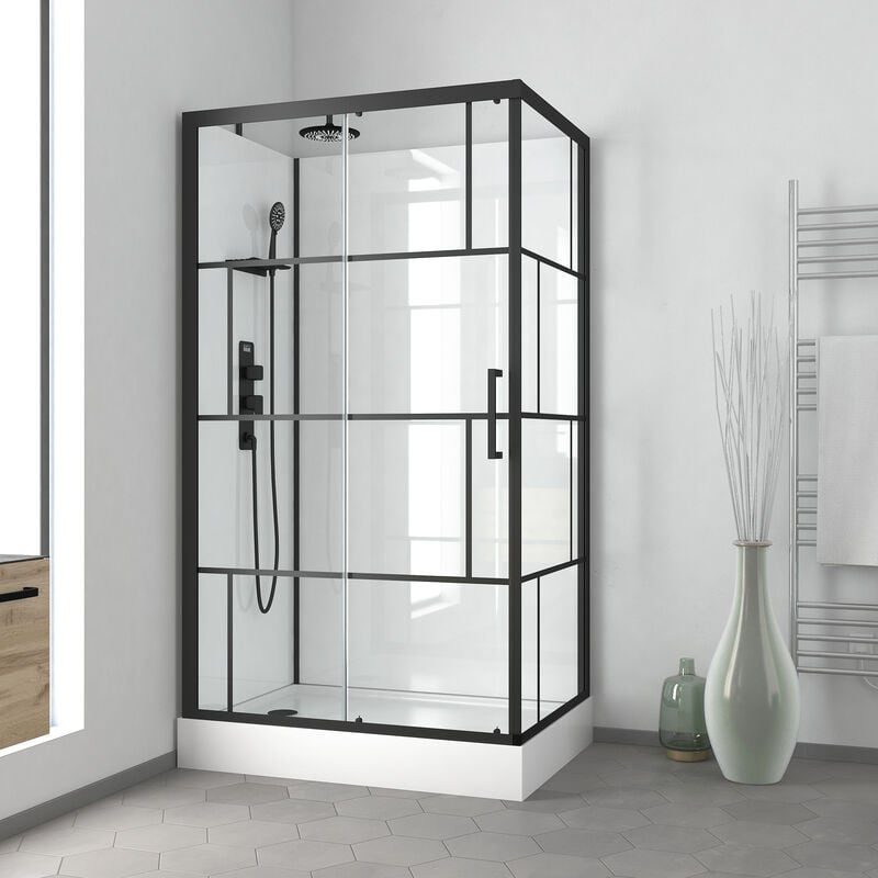 Cabine de douche 110x80cm / Receveur Haut - Verre transparent sérigraphié et Blanc - Profilés Noir